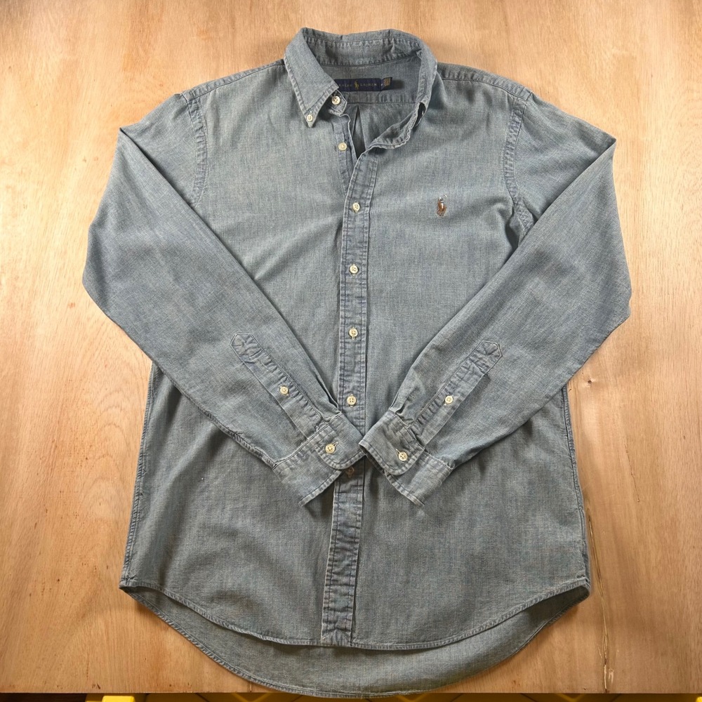 Ralph Lauren Mens Chambray Button Down Shirt Blue Long Sleeve Pony Logo Size M